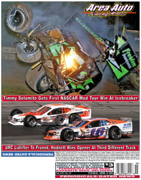 RIDING OUT A ROUGH ONE (top, Photo by Ryan Kissinger) is Logan Wagner, who escaped injury after a wicked series of flips during the 410 Sprint Car event at Pa.’s Susquehanna Speedway; The Northeast pavement Modified season began with the annual Icebreaker at Ct.’s Thompson Speedway Motorsports Park on Sunday! Dueling for victory (above, Photo by Steve Kennedy) in the 150-lap feature for the NASCAR Whelen Modified Tour are eventual winner Timmy Solomito (No. 16) and second place finisher Ryan Preece (No. 6). Preece also competed in the NASCAR XFINITY Series race at Texas Motor Speedway on Friday night, then flew to Thompson for the Icebreaker weekend.