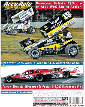 THE WORLD OF OUTLAWS TRAIL led to N.Y.’s Weedsport Speedway (top, Photo by Mike Knappenberger) on Sunday night, where Donny Schatz (No. 15) took the victory. The reigning Outlaw Sprint Car champion caught and passed young Logan Schuchart (No. 1a) for the lead in the closing laps; Saturday night’s Winchester 200 at Winchester, N.H.’s Monadnock Speedway offered huge money for the pavement Modifieds. Dueling for top honors (above, Photo by Ayers Racing Images) are Matt Hirschman (No. 60) and Ryan Preece (No. 6). Preece combined tire strategy and on-track expertise to take the $15,000 victory!